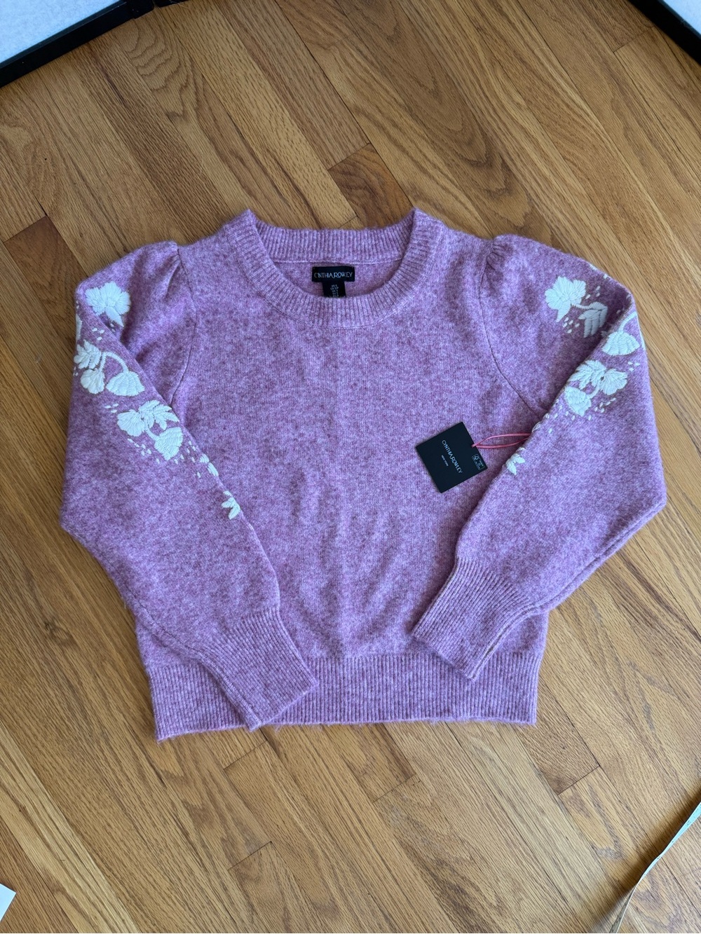 Cynthia Rowley NWT Pink Heather Floral Embroidered Sleeve Sweater S - Picture 4 of 11